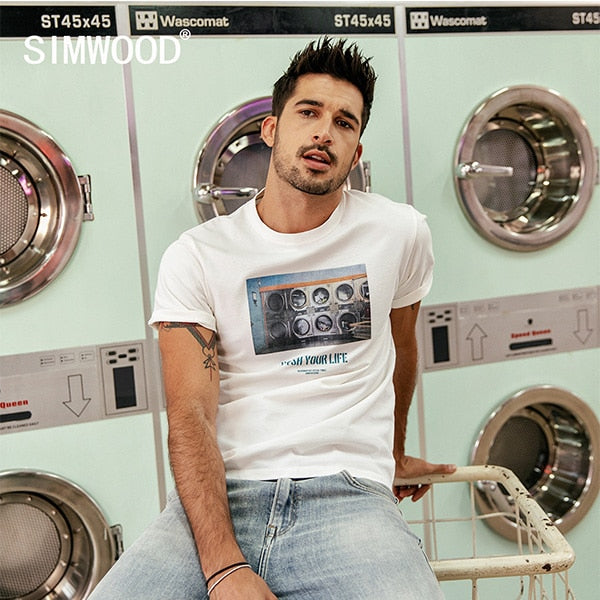 SIMWOOD 2019 Summer New 100% Cotton t shirt Men Vintage Print Tshirt O-neck Plus Size Fashion Letter Tees High Quality 180625