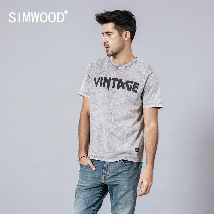 SIMWOOD 2019 summer snow washed t shirt men vintage high quality print letter o-neck tshirt top brand clothing 190257