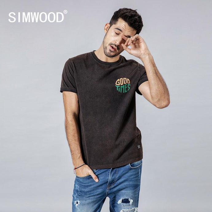 SIMWOOD 2019 Summer New T-Shirt Men Vintage Washed 100% Cotton Tshirt Letter Print Fashion High Quality Plus Size Tops 190132