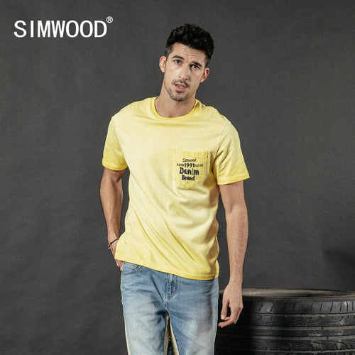 SIMWOOD 2019 summer new vintage t shirt men fashion washed letter print hip hop top 100% cotton tshirt plus size tee 190087