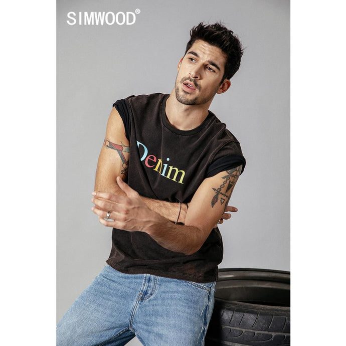 SIMWOOD summer t shirt men wash vintage tshirt letter print plus size fashion 100% cotton high quality brand clothing top 190220